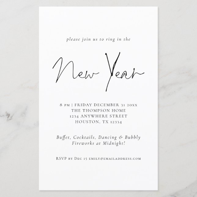 Budget Minimalist New Years Eve Party Invite (Front)