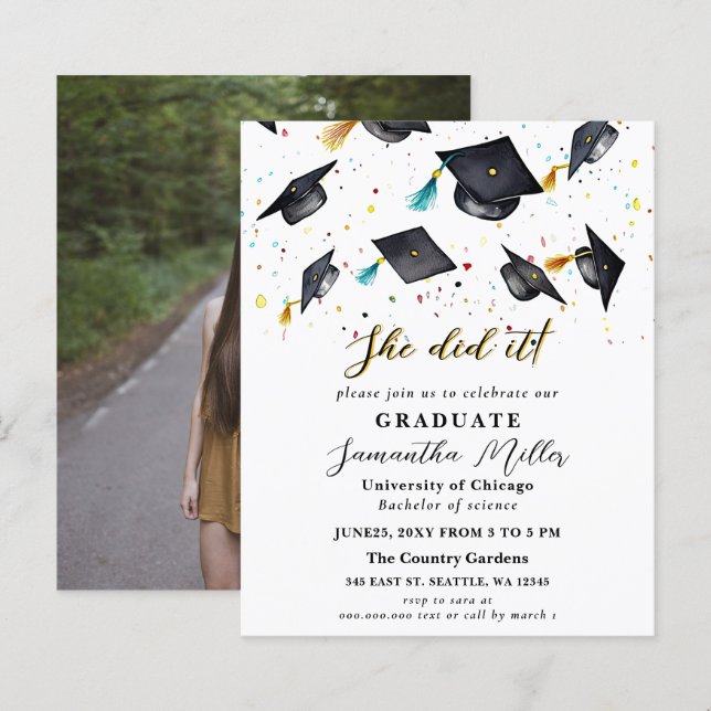 Budget Minimalist Photo She Did It Graduation (Front/Back)