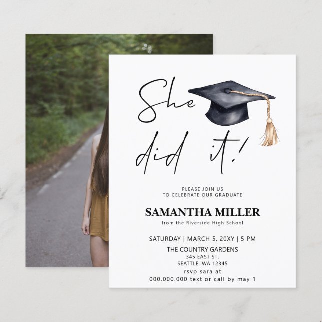 Budget Minimalist Photo She Did It Graduation   (Front/Back)