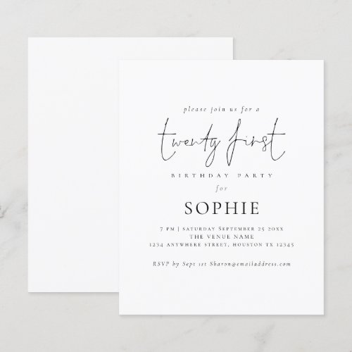 Budget Minimalist Script 21st Party Invite