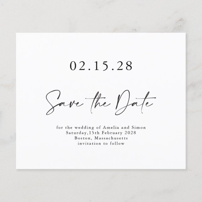 Budget Minimalist Script Black White Save the Date (Front)