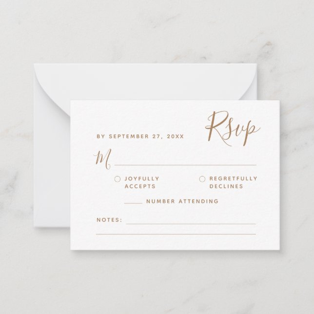 BUDGET Minimalist Script Gold RSVP Wedding Note Card (Front)