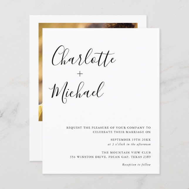 Budget Minimalist Script Photo Wedding Invitation (Front/Back)
