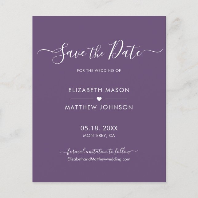 Budget Minimalist Script Purple Save The Date  (Front)