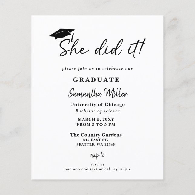 Budget Minimalist She Did It Graduation Invitation (Front)