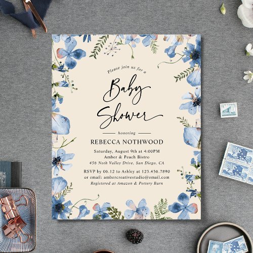 Budget Minimalist Sky Blue Baby Shower Invitation