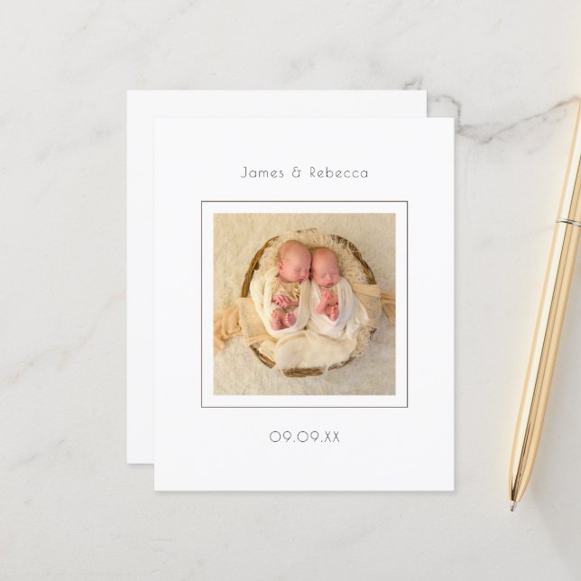 Budget Minimalist Twins Photo Birth Announcement (Front/Back In Situ)