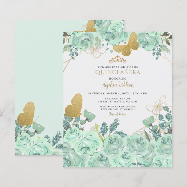 Budget Mint Gold Butterfly Quinceañera Invitation (Front/Back)