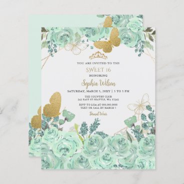 Budget Mint Gold Floral Butterfly Sweet 16 Invite