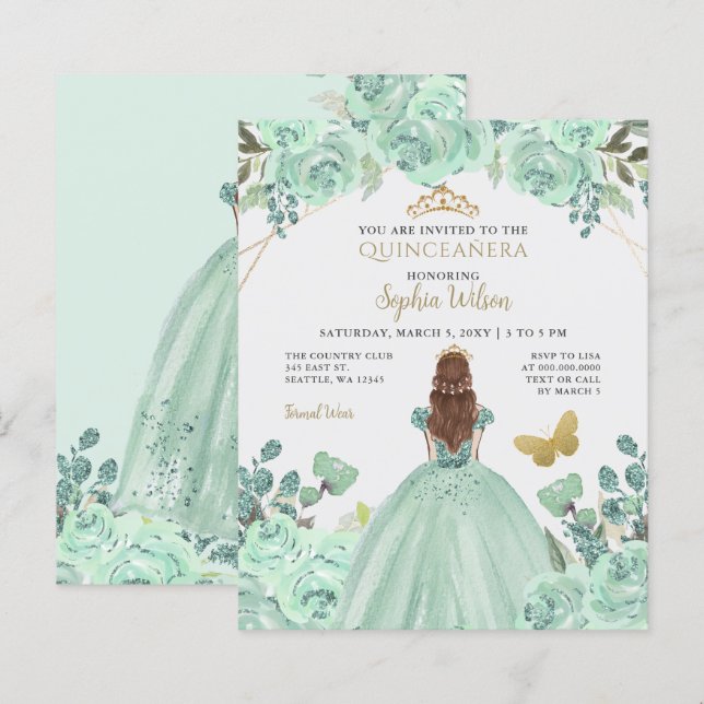 Budget Mint Gold Princess Quinceañera Invitation (Front/Back)