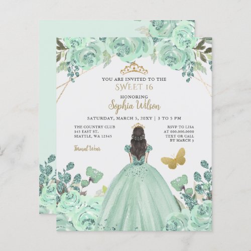 Budget Mint Gold Princess Sweet 16 Invitation