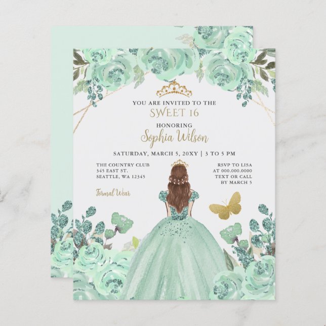 Budget Mint Gold Princess Sweet 16 Invitation (Front/Back)