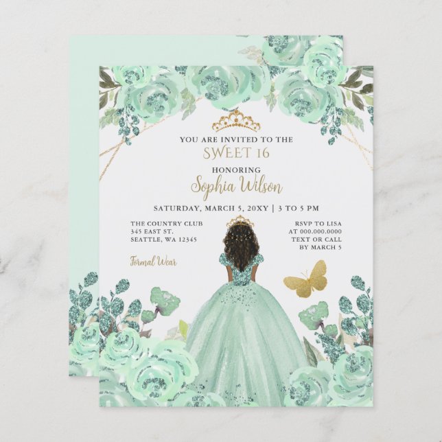 Budget Mint Gold Princess Sweet 16 Invitation (Front/Back)