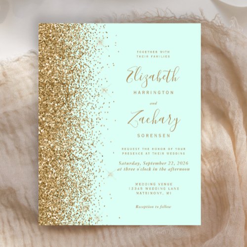 Budget Mint Green Gold Glitter Wedding Invitation