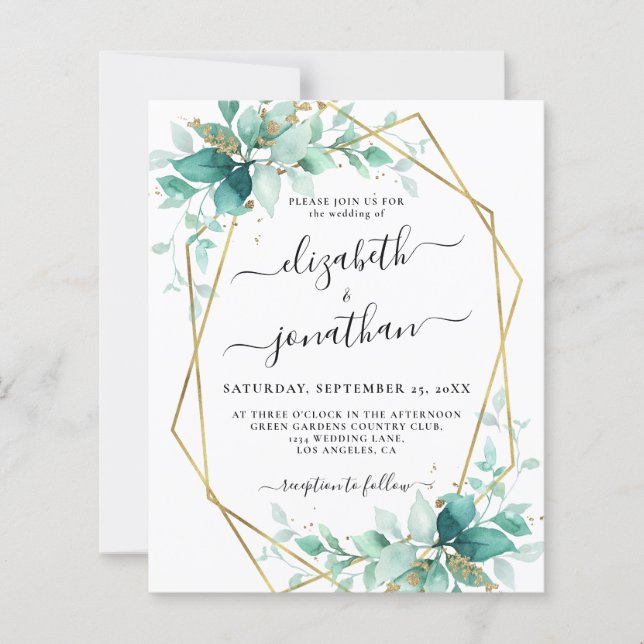 Budget Mint Green Gold Greenery Wedding Invitation (Front)