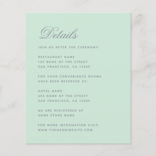 Budget Mint Wedding Details Green Gray Script Card