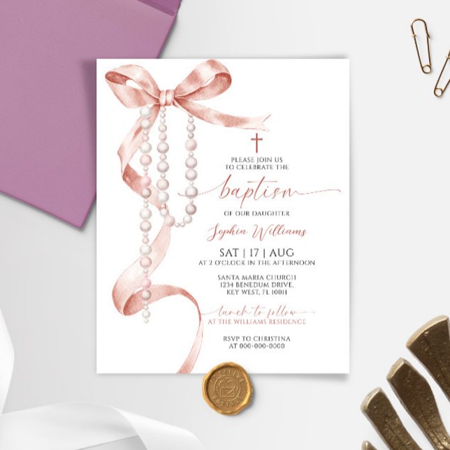 Budget Mocha Bow & Rosary Baptism Invitation (Creator Uploaded)