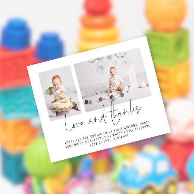 Budget Modern 2 Photo Script 1st Birthday Thanks (Value PAPER alternative)
