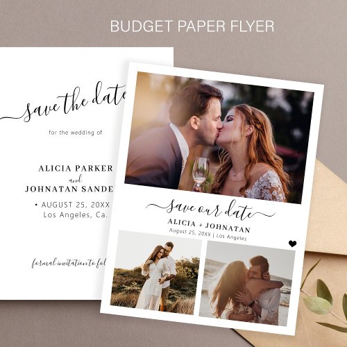 Budget modern 3 photo wedding save the date card flyer