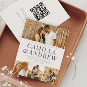 Budget Modern 4 Photo QR Code Wedding Invitation