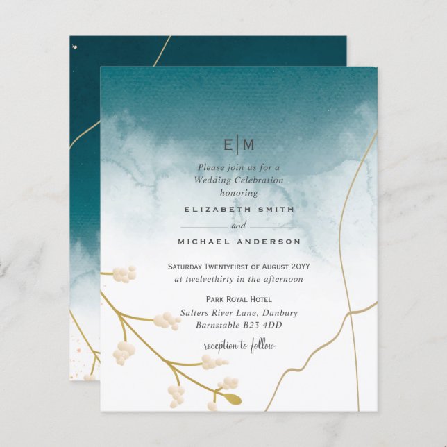 BUDGET Modern Abstract Teal Gold Wedding Invite (Front/Back)