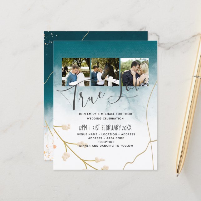BUDGET Modern Abstract Teal Gold Wedding Invite (Front/Back In Situ)