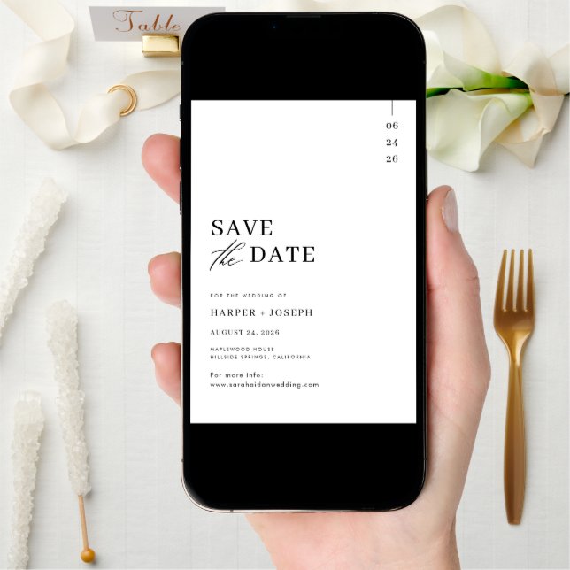Budget Modern Black and White Script Wedding Save The Date (Front Digital)
