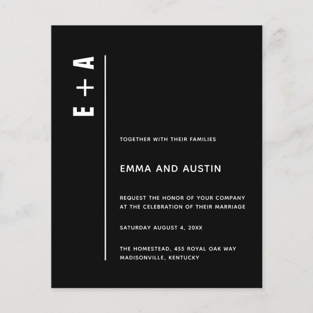 Budget Modern Black Bold Initials Wedding Invite (Front)