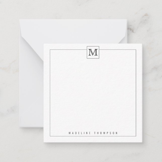 BUDGET Modern Black Initial Monogram Square border Note Card (Front)