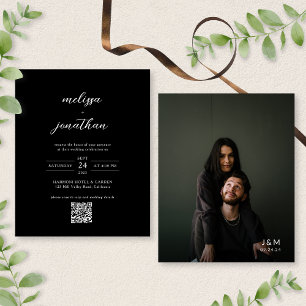BUDGET Modern Black Photo Monogram QR Code Wedding
