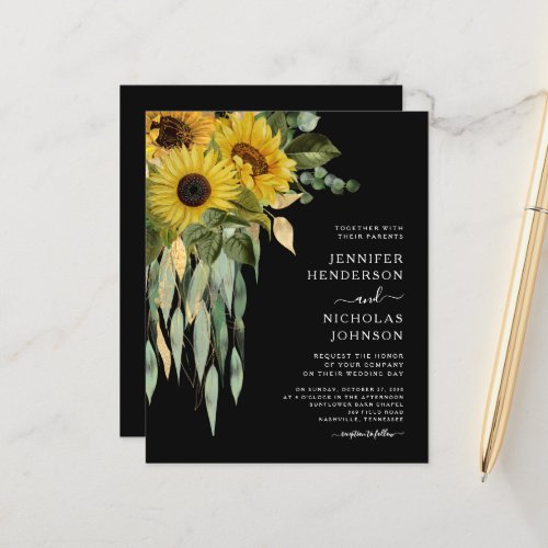 Budget Modern Black Sunflower Wedding Invitation