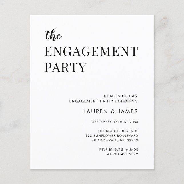 Budget Modern Black & White Engagement Party  Flyer (Front)