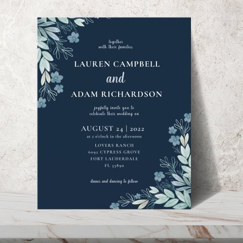 Budget Modern Blue Foliage Wedding Invitation
