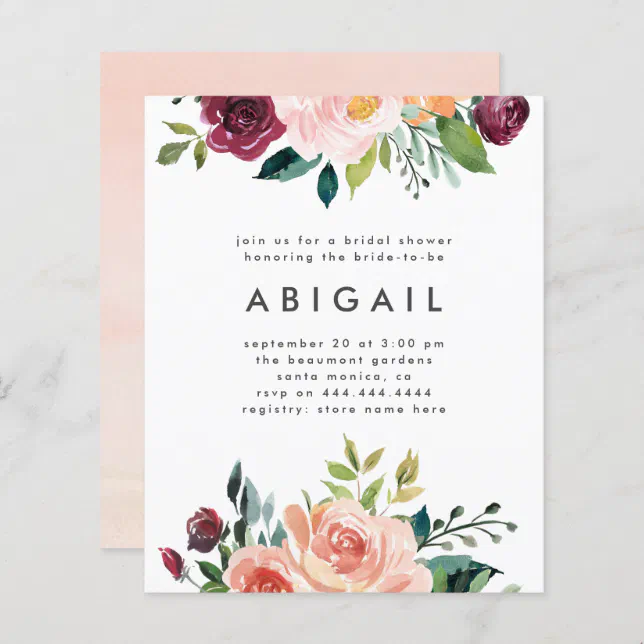 Budget Modern Blush Burgundy Floral Bridal Shower | Zazzle