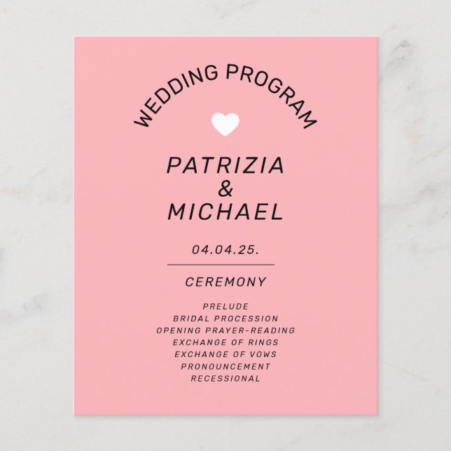 Budget Modern Blush Pink Wedding  Program (Front)