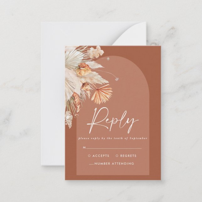 budget modern bohemian terracotta wedding RSVP Note Card (Front)