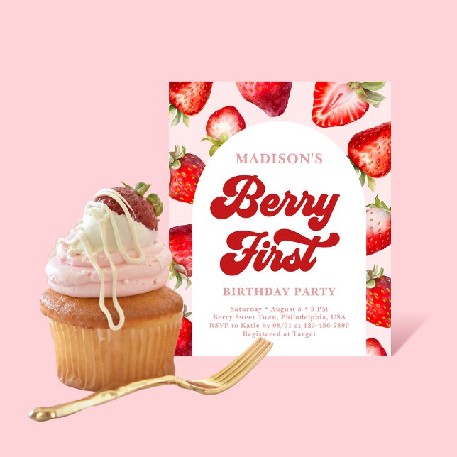 Budget Modern Boho Strawberry Berry 1st Birthday  Flyer (Creator Uploaded)