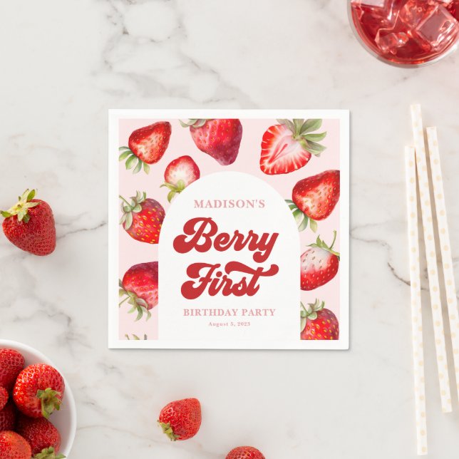 Budget Modern Boho Strawberry Berry 1st Birthday  Napkins (Insitu)