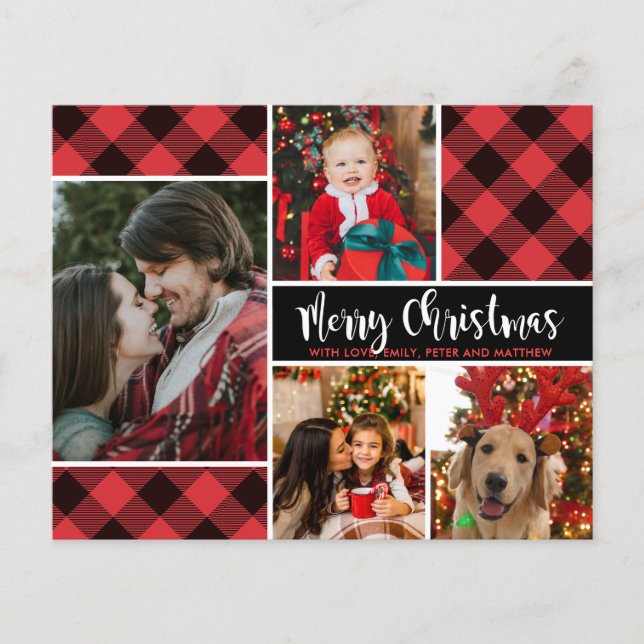Budget Modern Buffalo Plaid Photo Christmas Card (Front)