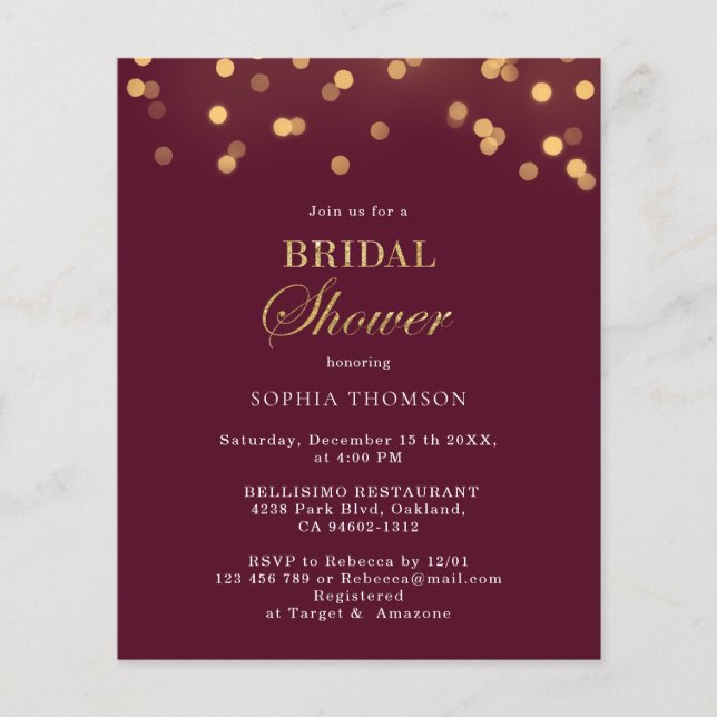 Budget Modern Burgundy, Gold Bridal Shower Flyer (Front)