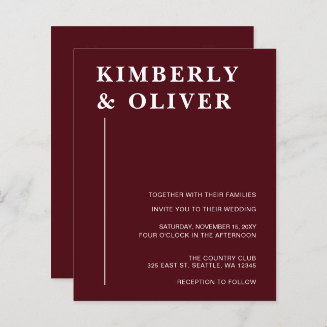 Budget Modern Burgundy Wedding Invitations (Front/Back)