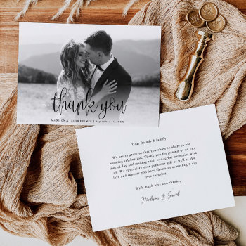 Budget Modern Calligraphy Script Wedding Photo Thank You Card by JAmberDesign at Zazzle