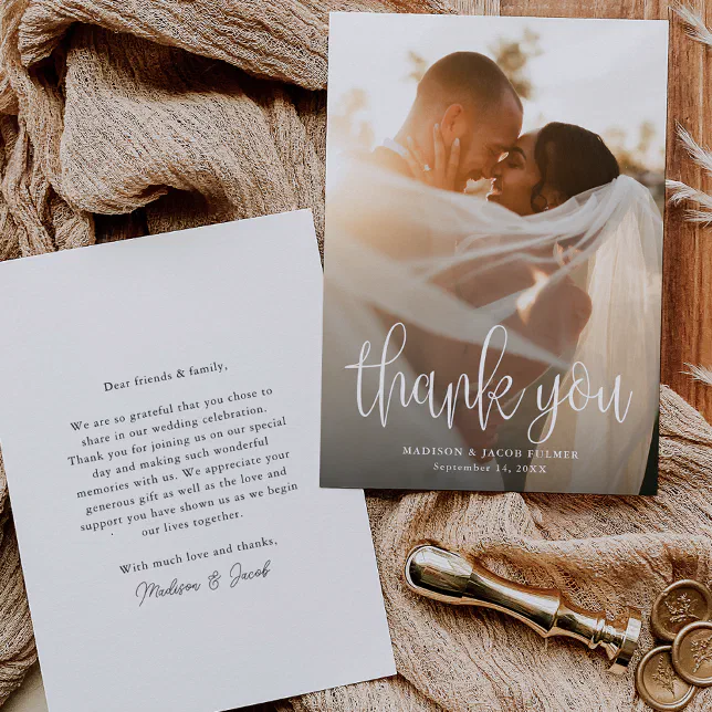 Budget Modern Calligraphy Script Wedding Photo Thank You Card | Zazzle