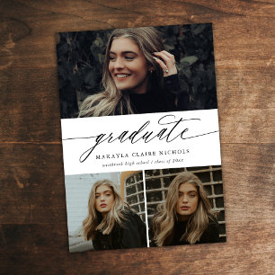 Budget Modern Calligraphy Three Photo Graduation Invitation