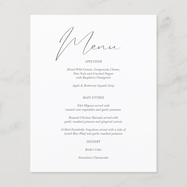 Budget Modern Chic Gray & White Menu Flyer (Front)