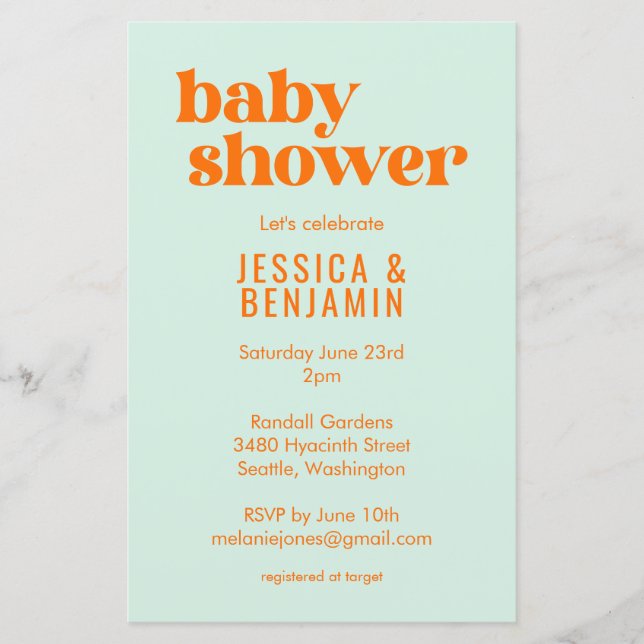Budget Modern Cute Mint Orange Baby Shower Invite (Front)