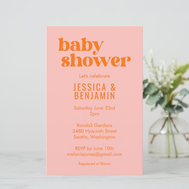 Budget Modern Cute Pink Orange Baby Shower Invite (Standing Front)