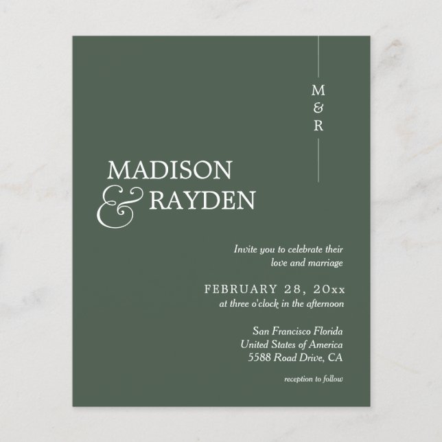 Budget Modern Dark Green Monogram Photo Wedding (Front)