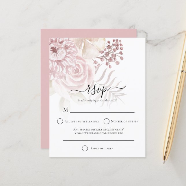 Budget Modern Dusty Rose Florals Wedding RSVP (Front/Back In Situ)