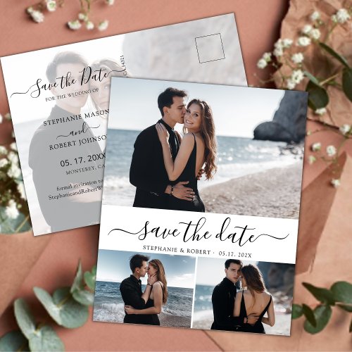 Budget Modern Elegan 3 Photo Collage Save The Date Announcement Postcard